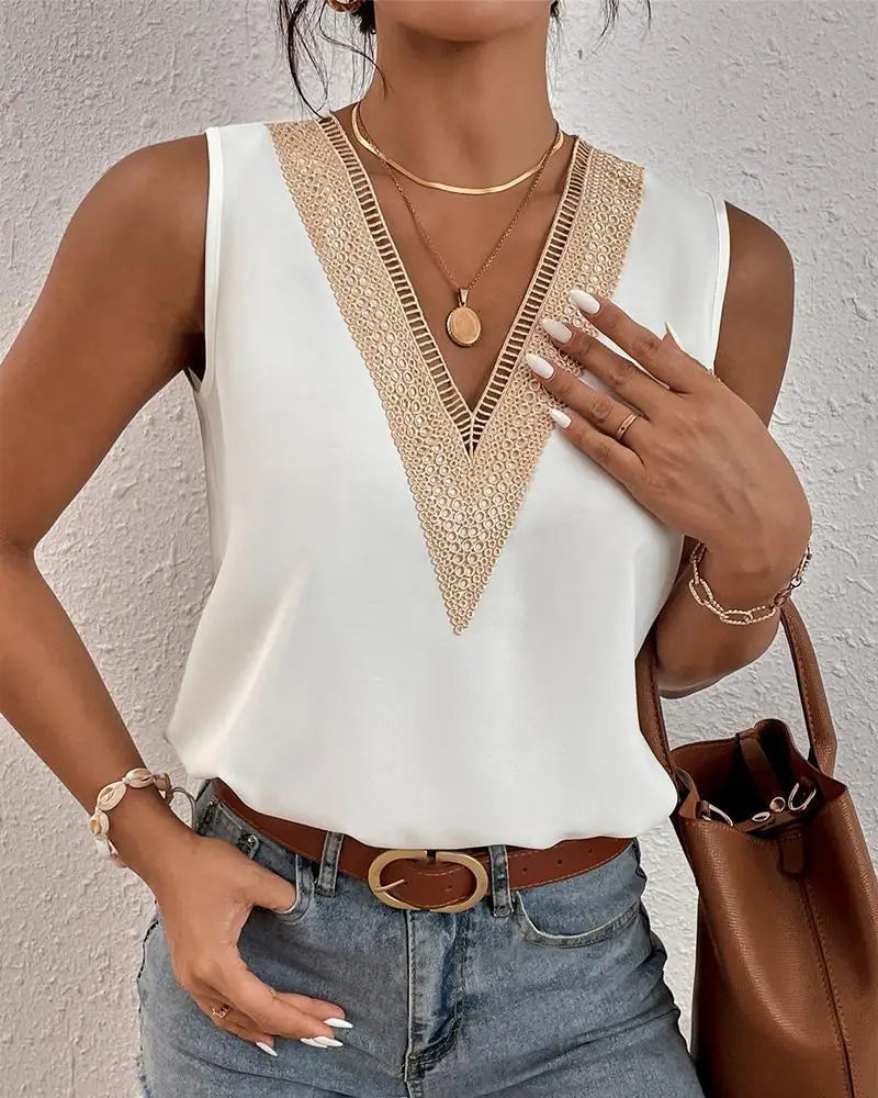 Blusa Sem Mangas com Decote V e Renda - Transforme Seu Verão com Estilo