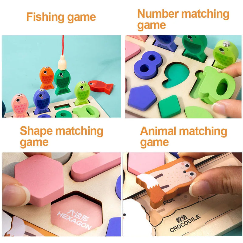 Brinquedos Montessori -  Formas e Números, Jogo de Pesca, Exercício Animal Puzzleto, Habilidades Motoras Finas