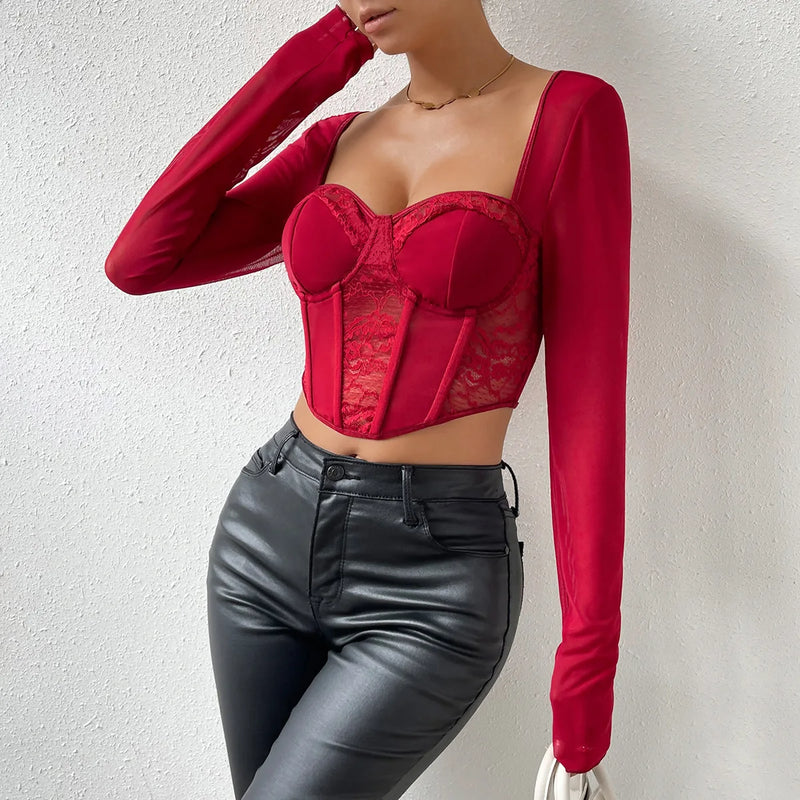 Top Cropped V Neck com Mangas Longas e Detalhes em Renda – O Toque Sexy que Você Estava Esperando